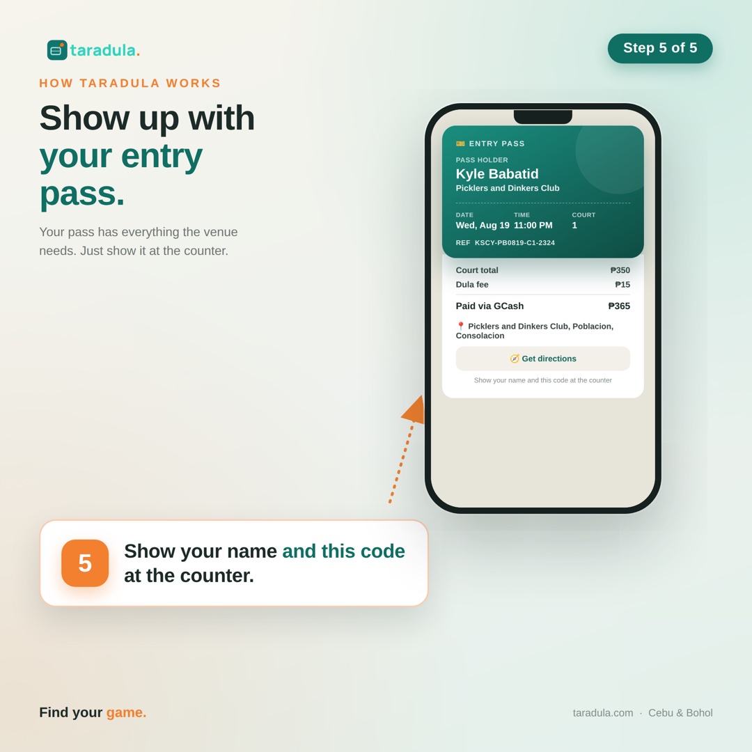 Step 5 of 5 — Show up with the entry pass: show the name and code at the counter